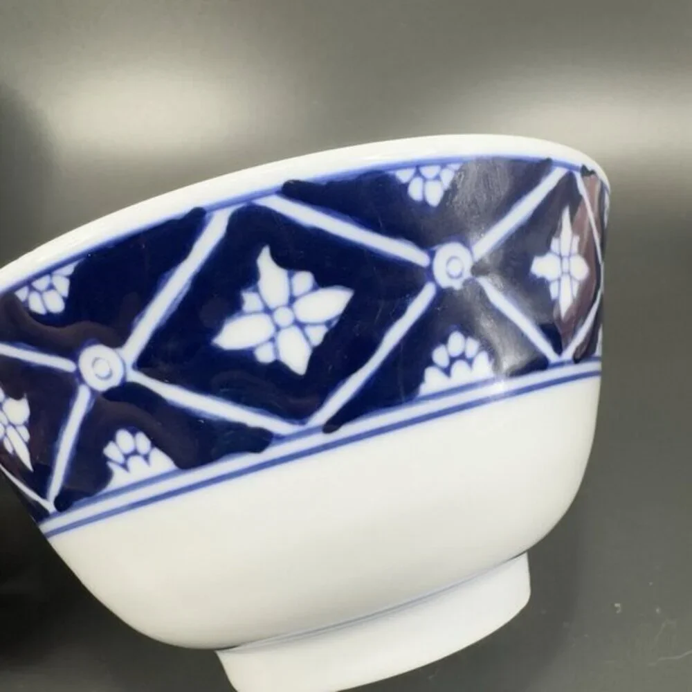 Pier 1 Porcelain Stoneware Deep Dish Bowl‎ Set 4 Blue White Floral Pattern 5inch
